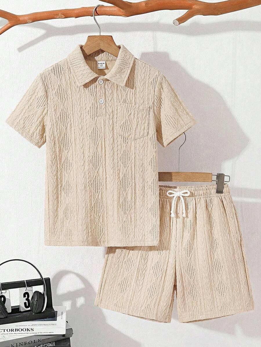 SHEIN 两件套男童休闲宽松纯色 Polo 领短袖 T 恤和短裤套装，适合通勤、上学、日常休闲穿着、运动、春夏穿着。