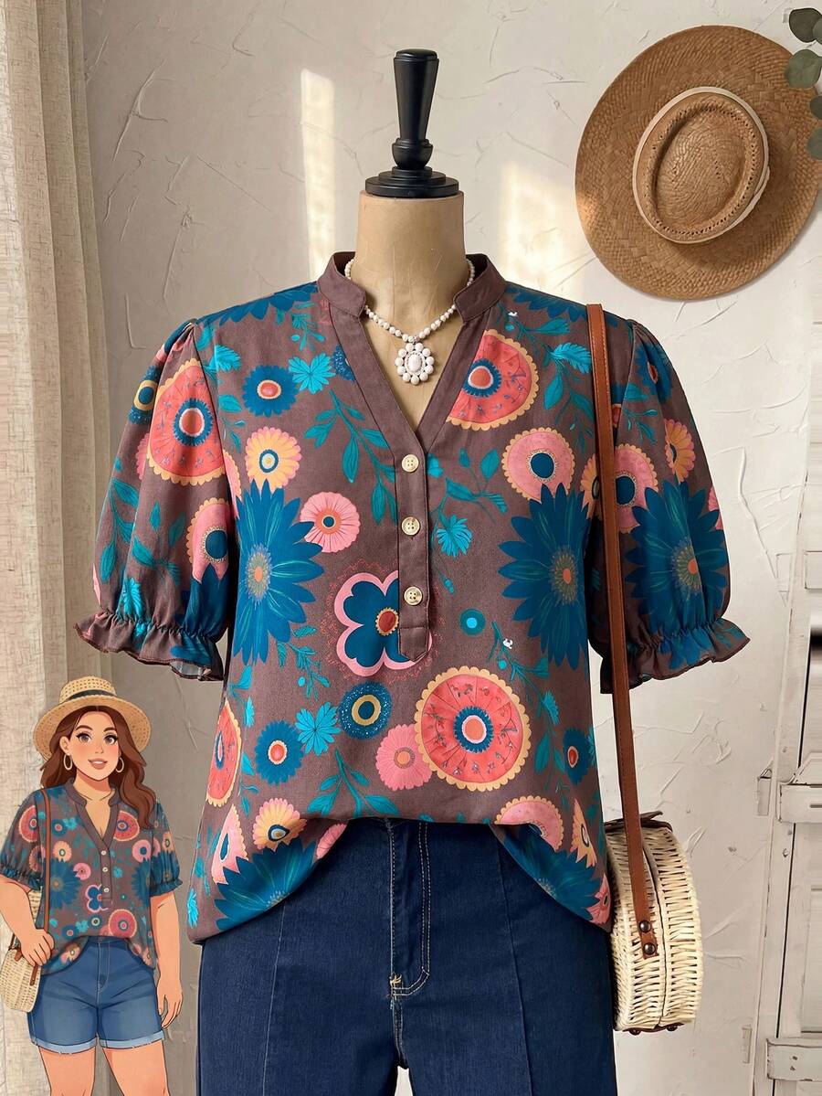 Rusticease Women's Floral Print V-Neck Short Sleeve Blouse, Vacation Wear - Brown - View 1
