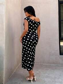 Rustia Vestido de lunares con hombro asimétrico elegante de talla grande, primavera/verano - Blanco y Negro - Ver 2