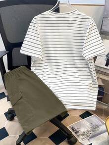 SHEIN 男童休闲短袖上衣短裤套装（两件套），街头风、朋克摇滚风、学院风，适合春夏、派对、音乐节等场合，英文涂鸦印花和撞色设计 - 軍綠色 - 查看 2
