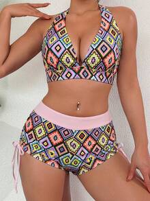 SHEIN Swim 女士沙滩装，假日，新年 - 深V椰树印花短裤搭配镂空针织罩衫和吊带露脐比基尼三件套 - 彩色 - 查看 3