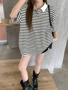 TOM AND JERRY X DAZY Women's Striped Casual Long Sleeve Cartoon Color Block Patchwork T-Shirt - Black - View 5