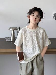 Dazy Kids 大童男童大尺碼純色紋理圓領短袖上衣 夏季 - 杏色 - 查看 6