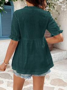 SHEIN Maternity Solid Color Ruffle V-Neck Short Sleeve Casual Shirt - Dark Green - View 7