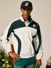 Tonviero Men's Casual Sports Style Letter Print Contrast Color Stand Collar Zip-Up Long Sleeve Jacket, Autumn Jersey Jacket Crop Jacket Men 90s Sporty Men Cropped Zip Up Men Track Jacket Football - Multicolor - View 1