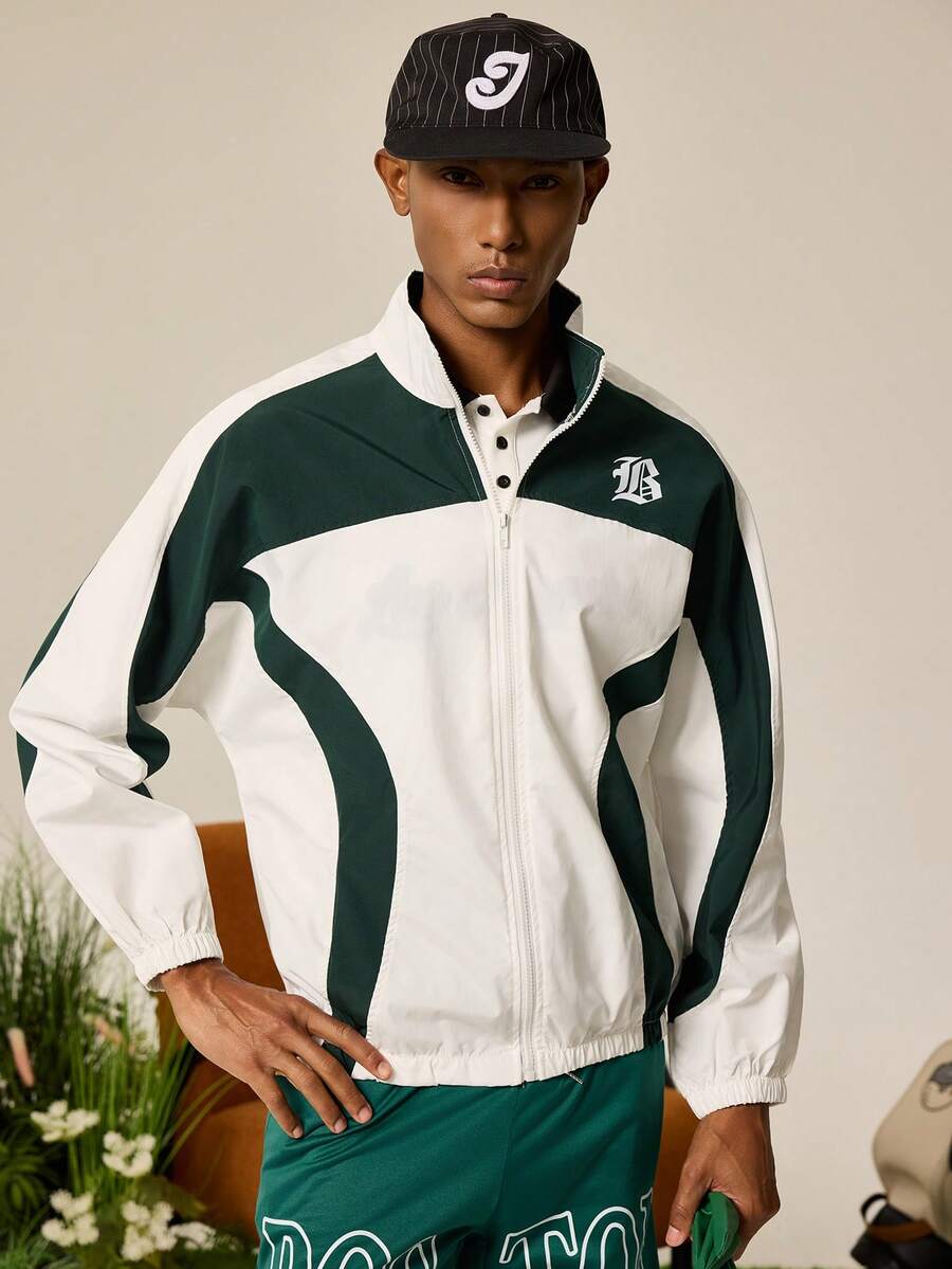 Tonviero Men's Casual Sports Style Letter Print Contrast Color Stand Collar Zip-Up Long Sleeve Jacket, Autumn Jersey Jacket Crop Jacket Men 90s Sporty Men Cropped Zip Up Men Track Jacket Football - Multicolor - View 1