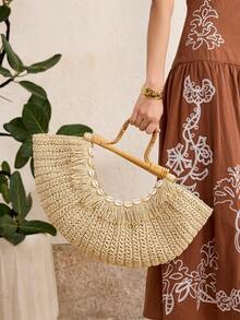 MOTF BOLSO DE MANO TIPO TOTE PARA MUJER, ELEGANTE BOLSO DE MODA CON FORMA DE ABANICO PARA VACACIONES - Beis - Ver 1