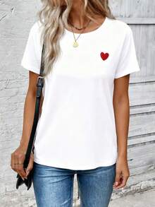 EMERY ROSE Women's New Arrival Heart Print Pattern Round Neck Casual Versatile T-Shirt - White - View 3