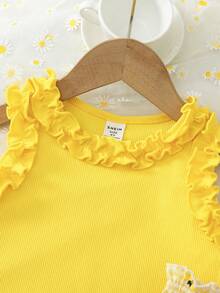 Souflis Souflis Young Girls 2pcs Lemon Print Outfit Set, Ruffled Collar Sleeveless Top + Layered Lemon Print Skirt, Bright Color, Sweet Casual Suit For Daily Wear, Party, Vacation, Ideal Summer Outfit - Yellow - View 5