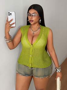 Maweii Plus Size Women's Knitwear, Brown V-Neck Sweater Vest, Metal Big Button Hollow Out Cardigan, Summer Casual Everyday Minimalist Knit Vest Gym - Green - View 6
