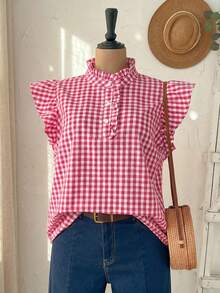 Rusticease Plus Size Women Plaid Ruched Casual Versatile Daily Wear Shirt  Summer Spring Clothing Country Style For Women - Hot Pink - View 6