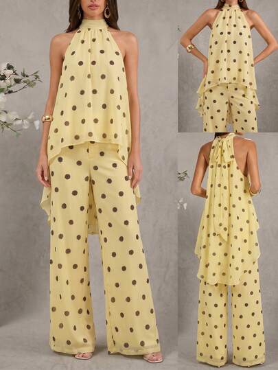 Amorya Nouveau Top élégant à col ras-du-cou pour femmes et pantalon élégant à pois pour femmes, ensemble 2 pièces, convient pour la tenue de vacances d'été