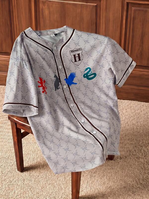 HARRY POTTER X SHEIN Men's Letter Print Short Sleeve Casual Shirt,