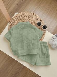 2pcs Baby Solid Color Round Neck Short Sleeve Cardigan Top And Elastic Waist Shorts Set, For Baby Boy Or Baby Girl,Kids - Mint Green - View 2