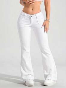 SHEIN PETITE Quần jeans ống loe cạp thấp trơn, thời trang, năng động, đa năng - trắng - Xem 6