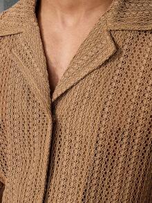 Manfinity Homme Men's Camel Summer Tropical Vacation Textured Waffle Knit Short Sleeve Button Down Shirt,Retro Cuban Collar Casual Fashion Versatile Outdoor Top - Brown - View 6