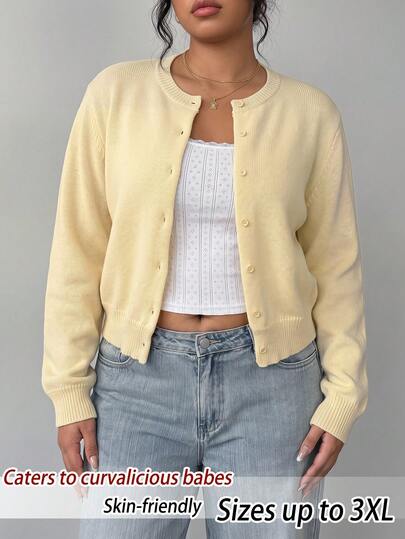 SHEIN BASICS Cárdigan de punto casual de manga larga y abotonadura sencilla para mujer de talla grande y unicolor