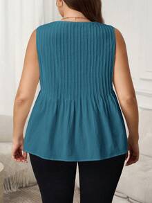 SHEIN LUNE Plus Size Summer Casual Solid Color Round Neck Textured Tank Top - Blue - View 2