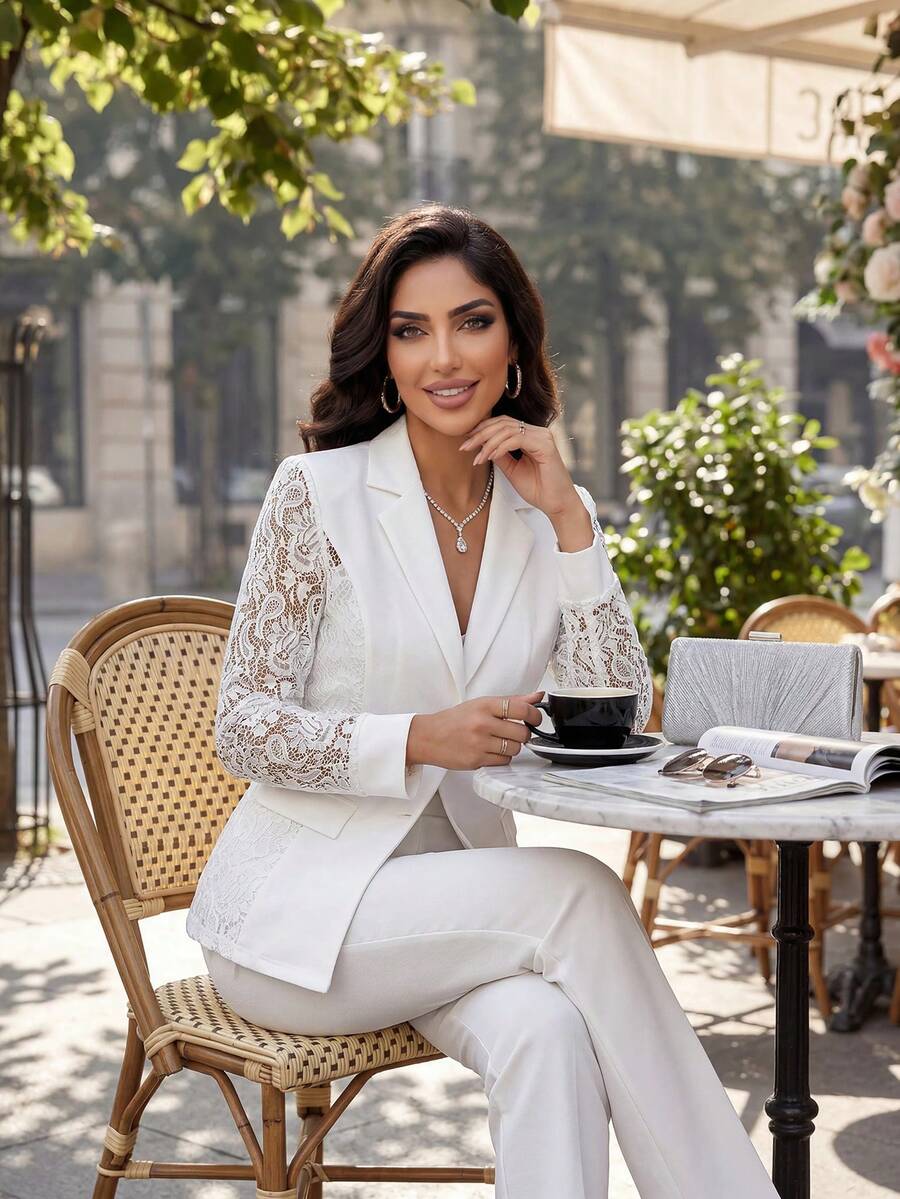 SHEIN Lady Bộ vest trắng Four Seasons Bộ vest ren nối Bộ vest nữ mùa thu/đông - trắng - Xem 1