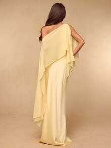 SHEIN BAE Đầm satin màu vàng kem trơn, dáng ôm, thích hợp cho mùa xuân và hè, kết hợp với khăn choàng vai bất đối xứng, kiểu dáng thanh lịch cho tiệc cưới, dự tiệc cocktail hoặc trang phục dự đám cưới. - Màu vàng - Xem 7