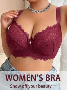 DesireSculpt Christmas Lace Patchwork Plus Size Underwire Bra - Burgundy - View 5