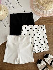 SHEIN LMoss Kids 3件套女童针织纯色波点休闲短裤套装 - 彩色 - 查看 8