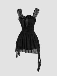 Sweetra Vestido Feminino Preto com Poá, Verão, Gótico, Festa de Aniversário, Feriado, Doce, com Alças com Babados, Saia de Tule Assimétrica em Camadas, Gola Quadrada e Cintura Marcada - Preto - Visão 4