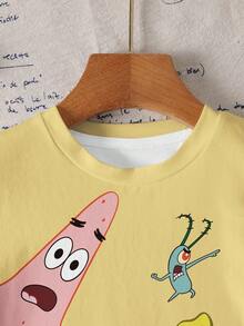 SpongeBob SquarePants | SHEIN 小男孩圓領短袖可愛卡通印花夏季T恤，全身印花 - 白色 - 查看 4