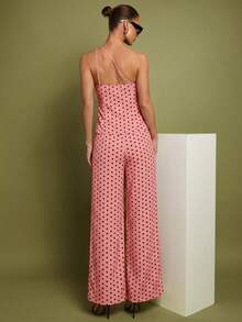 Set de 2 piezas de Top con hombros y pantalones a lunares para mujer, uso casual minimalista de todos los días - Rosa - Ver 2