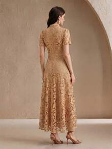 Anewsta Elegant & Fashionable Embroidered Fabric Design Dress For Women, Summer - Khaki - View 2
