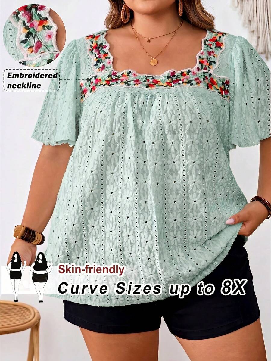 SHEIN CURVE+ 大码T恤,方领,简约时尚,适合夏季海滩装扮/沙滩裙/海滩度假装/海滩必备单品/毕业典礼/下午茶会/夏季/乡村/海滩度假装/海滩装/沙滩服饰 - 薄荷綠 - 查看 1