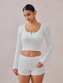 Veilyse 2PCS Women's Solid Color U-Neck Button Front Long Sleeve Crop Top & High Waist Shorts Lounge Set - White - View 1