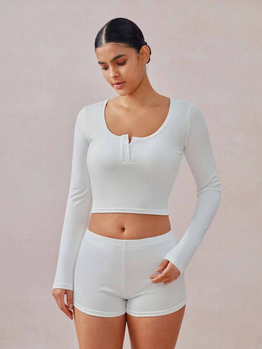 Veilyse 2PCS Women's Solid Color U-Neck Button Front Long Sleeve Crop Top & High Waist Shorts Lounge Set - White - View 1
