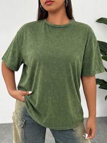 Solflare Kaos Lengan Pendek Longgar Rajut Vintage dengan Tampilan Cuci Asam Ukuran Besar, Hijau Zaitun - Dark Green - View 4