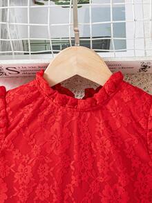 Elladie kids Red Summer Satin Party Spring Dress For Toddler Girls,Lace Floral Fabric,Flutter Sleeves,Ruffle Hem,Back Zipper Closure,Cute & Playful Summer Vacation - Red - View 10
