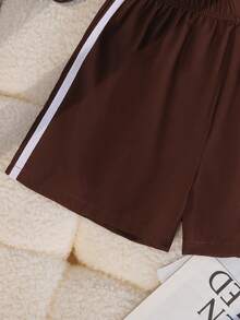 1pc Tween Girls'Summer Loose Shorts,Brownstriped,Streetwear,Holiday,100 Cotton Relaxed Fit,Contrasting Side Ribbon Trim,Daily Wear,Leisure - Coffee Brown - View 6