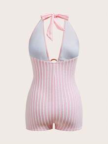 SHEIN Bộ jumpsuit nữ mùa hè màu hồng sọc, chất liệu dệt kim, kiểu dáng thanh lịch, hở lưng, cổ tròn, thích hợp cho kỳ nghỉ. - Hồng - Xem 4