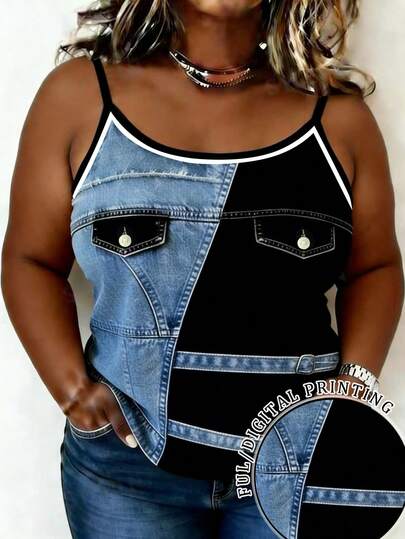 EMERY ROSE Plus Size Women Denim Print Casual Camisole