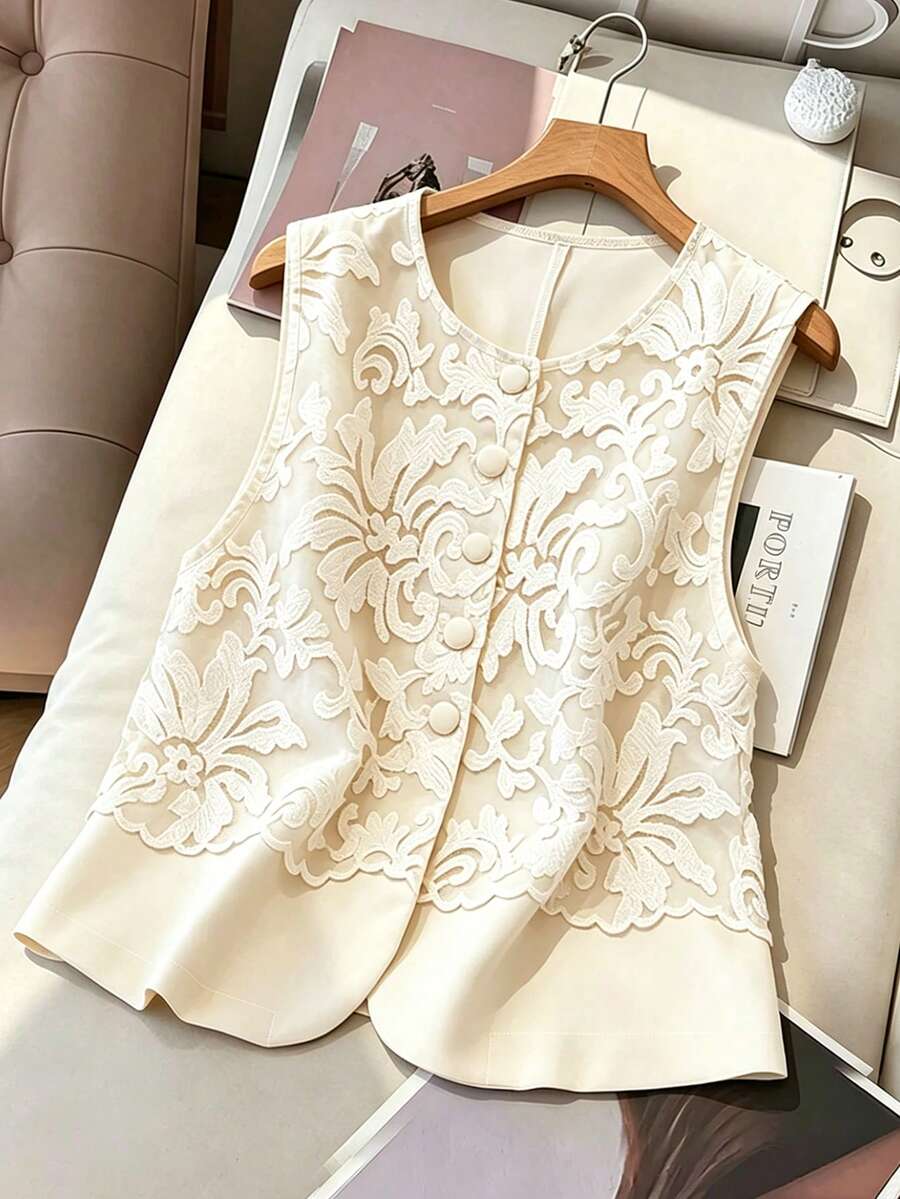 SHEIN Franclia 优雅时尚通勤法式女式外套，无袖刺绣蕾丝拼接圆领开衫，精致蕾丝刺绣工艺女式上衣，适合春、夏、秋、冬四季外穿，休闲、约会、度假皆宜。