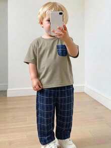 SHEIN Baby Jungen Karohemd mit Tasche & Karoshorts 2 Stücke Set, Lässig & Bequem - Hellgrau - Übersicht 3