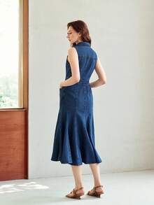 MOTF PREMIUM ĐẦM NỮ XUÂN/HÈ CÓ CỔ, DÁNG DÁNG ĐỨNG CÁNH, KIỂU DÁNG QUẦN ÁO DÀI NGẮN - Màu xanh lam - Xem 3