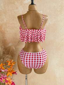 Soleia Conjunto de Maiô Bikini Bandeau com Babados Xadrez Vermelho & Branco, Roupa de Banho Estilo Garota Doce Retrô de Cintura Alta para Férias - Vermelho e Branco - Visão 2