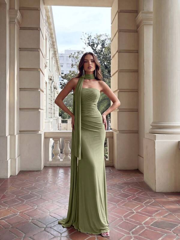 Aloruh Váy xòe đuôi cá xếp ly lưng thấp bằng vải chiffon màu xanh lá cây không dây định hình xương cá (Có thể tháo rời, mặc được nhiều lần) Váy xòe hở lưng thích hợp cho các buổi hẹn hò, kỳ nghỉ, đám cưới, mua sắm, hoạt động hàng ngày, váy phù dâu