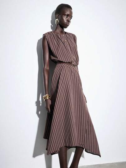 Lumivelle 2-Piece Brown Striped Women's Casual Commuter Set,Summer Elegent Everyday Featuring Cotton Fabric,Sleeveless Peplum Top,Asymmetric Hem Skirt&Cardigan