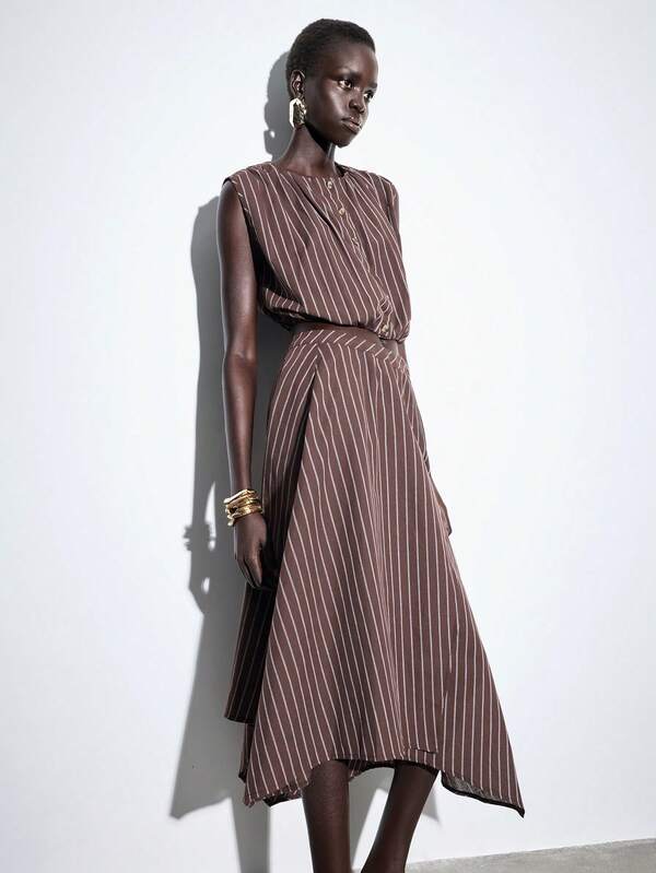 Lumivelle 2-Piece Brown Striped Women's Casual Commuter Set,Summer Elegent Everyday Featuring Cotton Fabric,Sleeveless Peplum Top,Asymmetric Hem Skirt&Cardigan