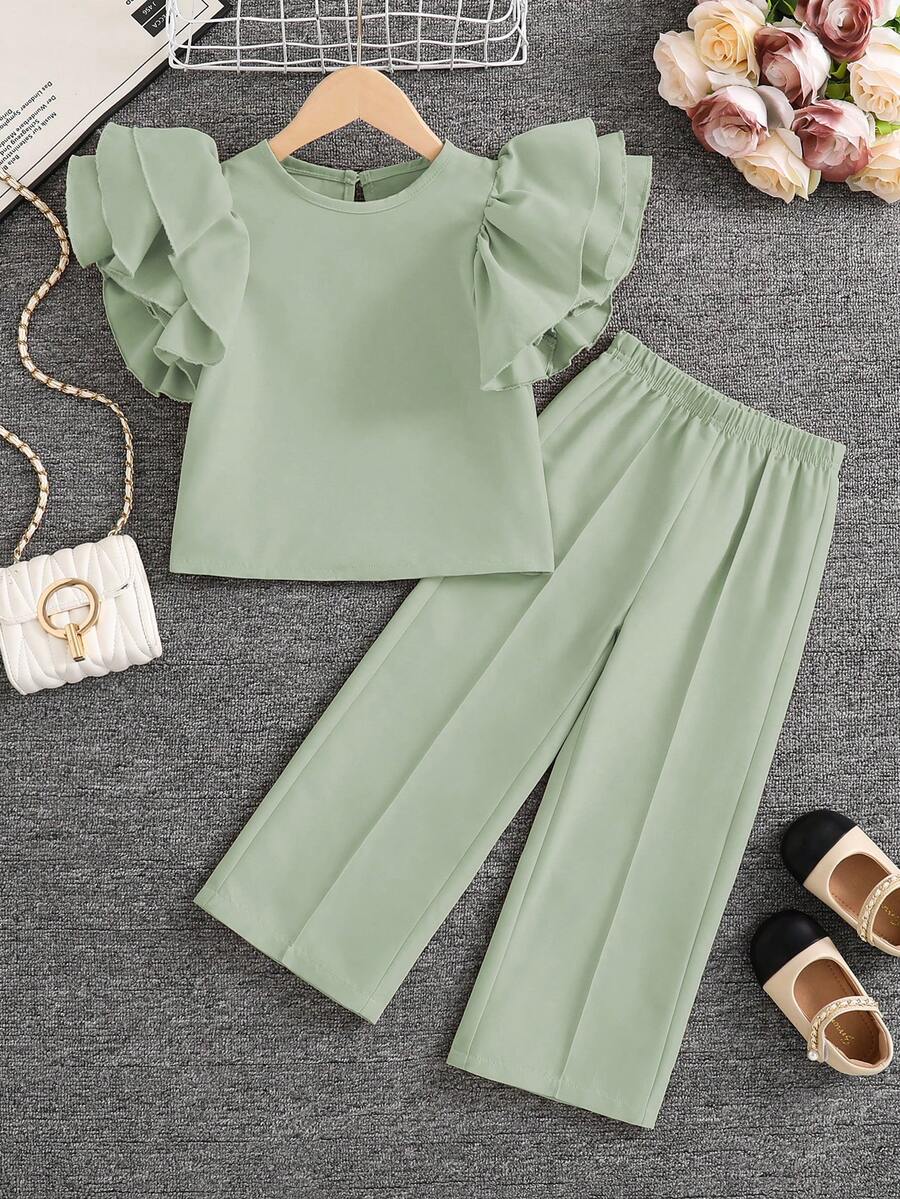 SHEIN Elladie kids Young Girl Minimalist Ruffle Collar Short Sleeve T-Shirt And Long Pants Set - Green - View 1