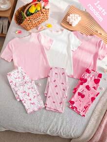 SHEIN 隨機發貨 1 套（共 3 款）女童居家服套裝，粉色蝴蝶結、珍珠愛心、櫻桃圖案荷葉邊短袖上衣與長褲睡衣套裝 - 粉色 - 查看 2