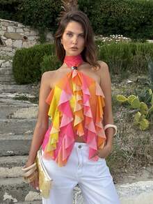 Aloruh Women's Elegant Multi-Layer Ruffle Trim Stand Collar Fitted Tank Top - Multicolor - View 3