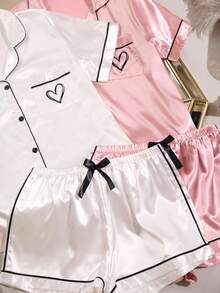 MuseNap CURVE 2 pièces Ensemble de pyjama pour femmes grande taille en faux soie avec poche brodée en forme de cœur et manches courtes - Multicolore - Voir 5