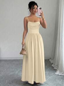 Elenzga Women's Elegant Romantic Chiffon Spaghetti Strap Waist Cinched Flowing Dress, Suitable For Wedding Guests, Sisters Gathering - Apricot - View 6